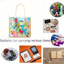 A tote bag with a colorful tropical bird and floral print on a white background, surrounded by small inset images showing it carrying various items such as fruit, cosmetics, clothing, and stationery. Text on the image reads 'Suitable for carrying various items'.