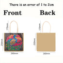 Front and back views of a canvas tote bag with dimensions labeled. The front shows a colorful peacock and floral print on a dark background, and the back is plain beige.