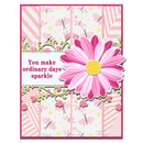 Card with a pink flower and text on a patterned background