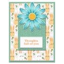 Card with a large blue flower and text 'Thoughts full of you' on a patterned background with bunnies.