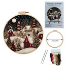 Embroidery DIY Art Kit shown with a completed round embroidered patch featuring a snowy village at night, a wooden embroidery hoop, a size marker reading 20cm/8in, two needles, and a pack of multicolored thread spools on a white background.