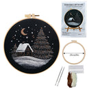 Embroidery DIY art kit with hoop, thread, needles, and design card on a white background