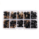 A clear plastic organizer tray divided into multiple compartments, filled with small black and tan plastic fasteners or rivets, photographed on a white background.