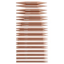 A set of metallic copper-colored double pointed knitting needles arranged vertically in a size progression on a plain white background.