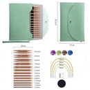 Mint green circular knitting needle case set shown with dimension labels, needle counts and sizes, cable ties, color-coded needle tips, and a black storage pouch on a white background.