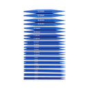 A vertical stack of blue metal knitting needles of various sizes, with size measurements printed in white text along the top of each needle.