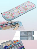 A floral-patterned zippered pencil case shown in a multi-view collage, including the closed exterior, a close-up of the zipper pull, the open interior compartments, and the case filled with colorful pencils.
