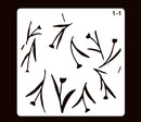 A stencil template sheet with black floral and leaf cutout shapes on a white square background, labeled '1-1' in the top right corner, set against a solid dark brown backdrop.