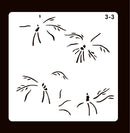 A stencil template sheet with black line drawings of palm tree silhouettes on a white square background, set against a dark brown backdrop. The number '3-3' is printed in the top right corner.
