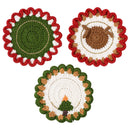 Three round crocheted coasters with festive holiday designs, including a green and red wreath, a brown nut and white ribbon design, and a Christmas tree design, shown on a white background.