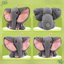 Four views of a crochet elephant toy on a green background