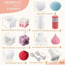 A product detail infographic showing 108 pieces of wax melt casting and candle-making supplies, including multiple 'Spherical Rubik's Cube Vessel' molds, cylindrical and shell-shaped molds, a pink Dargms candle stick, rose bouquet and arc-shaped cone molds, wicks, and core wire holders, with dimensions and labels on a light beige background.