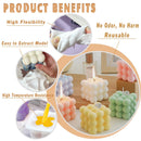 Product benefits infographic for bubble cluster candles, showing multiple colored wax candles, a perfume bottle labeled LOEWE, and callout text highlighting flexibility, easy extraction, reusable design, and high temperature resistance.