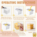 German operating instructions diagram showing six numbered steps for making a candle, including melting wax, pouring it into a white silicone mold, cooling, and trimming the wick. The diagram features a warm beige and peach background with clear step-by-step illustrations and text.