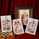 Four decorative sticker sheets with illustrations on a red background
