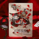 Decorative card with a character and decorative elements on a red background