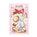 Decorative sticker sheet with cartoon characters and a clock on a pink background
