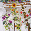 A close-up of decorative botanical wall art or a print featuring illustrated sunflowers, purple flowers, red roses, and intertwined vines with handwritten-style labels such as 'journey,' 'growth is a process of becoming of becoming,' 'forever,' and 'together,' arranged on a white distressed background.