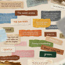 A collage of colorful textured paper strips with inspirational quotes and phrases, arranged on a light beige background.
