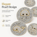 Elegant pearl-beaded octopus and fish jewelry pieces displayed on a clean off-white background with descriptive text highlighting pearl-beaded surfaces, gold outline details, and decorative table accents.