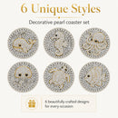 Six round decorative coasters featuring sea creature designs including a whale, seahorse, octopus, crab, fish, and shark, arranged in a 2x3 grid on a light cream background with gold text reading '6 Unique Styles' and 'Decorative pearl coaster set'.