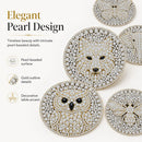 Elegant jewelry design featuring round gold-tone and pearl-beaded animal motifs, including a fox, owl, and bee, with descriptive text on a clean off-white background.