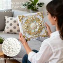 Woman holding a decorative pillow with pearl embellishments in a living room setting.