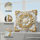 Decorative wall art with pearl embellishments and clear printing on a light blue background.