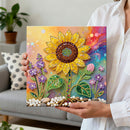Person holding a diamond painting sunflower art piece in a living room setting.