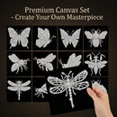 A promotional graphic for a canvas set showing multiple butterfly and insect designs on black panels, with a hand holding a larger dragonfly canvas in front. Text at the top reads 'Premium Canvas Set - Create Your Own Masterpiece'.