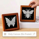 Two framed butterfly and bee canvas art pieces on a light wood surface, with a hand holding the right wooden frame. A text banner at the bottom reads 'Only Canvas (No Frame)'.