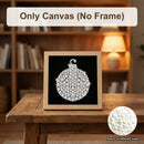 A framed canvas art piece featuring a sparkling white pearl ornament on a black background, displayed on a wooden table in a cozy, blurred library setting. Text overlays read 'Only Canvas (No Frame)' at the top and 'Pearls of different sizes' with a circular inset showing the pearl details.