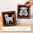 Two framed canvas art pieces showing dog illustrations on a black background are displayed on a tabletop. One wooden frame is held by a hand, and a banner at the bottom reads 'Only Canvas (No Frame)', indicating the product is the canvas print rather than the frame.