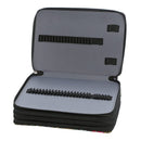 An open zippered pencil case with a gray interior and black trim, showing two black elastic pen loops inside.