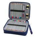 An open navy blue zippered pencil case containing a set of colored pencils, sharpeners, and a ruler, shown on a plain white background.