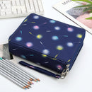 A navy blue zippered pouch or organizer cover with a colorful dandelion print, shown on a white desk with a keyboard, pencils, and a magazine nearby.