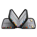 An open zippered pencil case holding multiple colored pencils, arranged symmetrically on a plain white background. The case is black with gray interior lining and visible color-coded pencil tips in red, orange, yellow, green, blue, and purple.