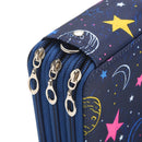 Blue pouch with star and moon patterns and gold zippers on a white background