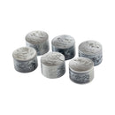 Set of six silver containers with floral designs on a white background