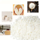A collage showing white wax flakes or wax shavings in a large pile, with smaller inset photos of candles, hands holding a heart shape made of white wax, and wax in a wooden bowl.