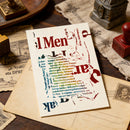 Vintage-style card with text and design on a wooden surface with old papers and stamps.
