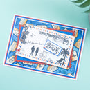 A layered handmade postcard set featuring a white postcard with 'Life is a Beach' and silhouettes, layered over blue and red patterned cardstock with travel-themed illustrations.