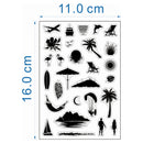 A sheet of black-and-white tropical and beach-themed sticker or decal designs shown on a white background, with blue dimension lines indicating 11.0 cm width and 16.