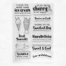 A sheet of clear acrylic or rubber stamp designs featuring various sweet treats and sweet-themed phrases, including ice cream cones, sundaes, popsicles, and birthday and congratulations messages.