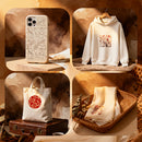Collage of a phone case, hoodie, tote bag, and scarf with floral patterns on a textured brown background.