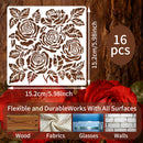 Floral design stencils with measurements and red roses on a wooden background