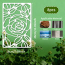 Decorative screen with rose design on a green background, featuring dimensions and material applicability.