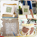 Collage of decorative items including a pillow, tote bag, cake, and stencils.