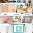 Collage showing the versatility of a stencil used on kraft paper, in a cup, on walls, clothes, leather, and an artboard.