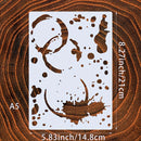 A5 size stencil with abstract splatter and brushstroke cutouts, shown on a wood grain background with dimensions labeled 5.83 inch / 14.
